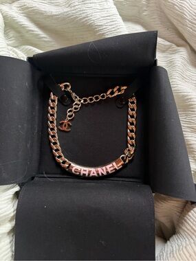 CHANEL Pink Enamel and Gold-Tone Chain Necklace
